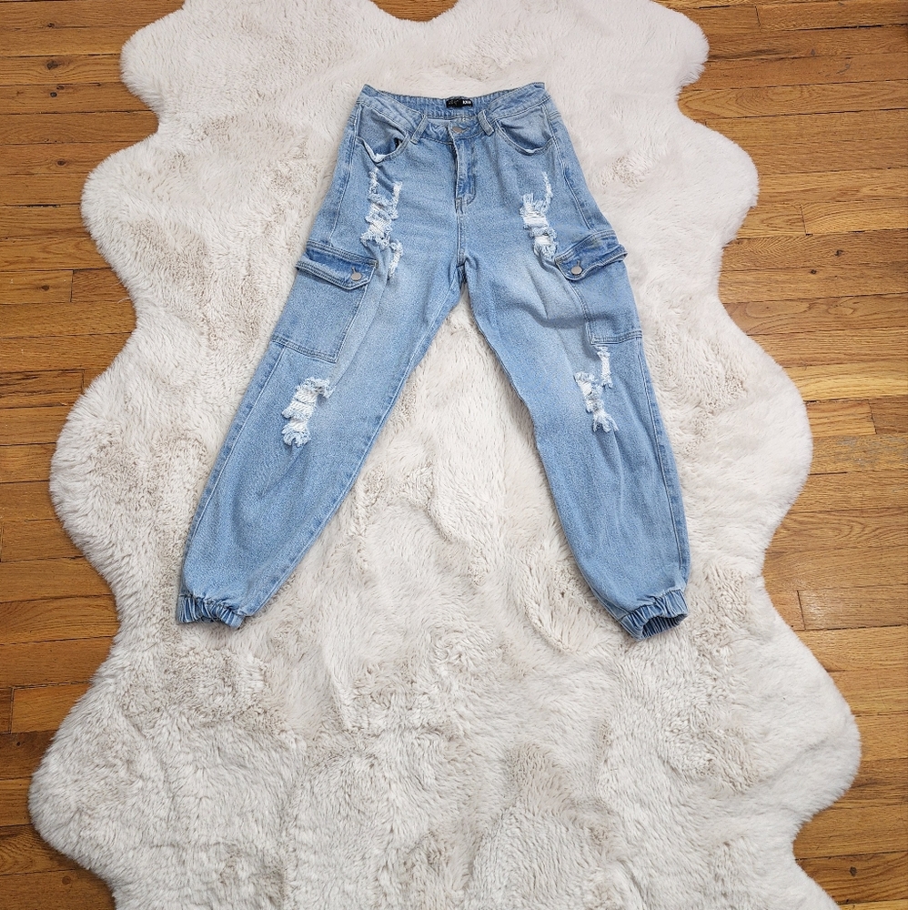 FashionNova Blue High Waisted Ripped Jogger Pants